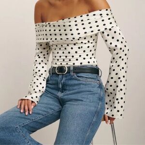 Reformation Black and White Polka Dot Off-Shoulder Blouse